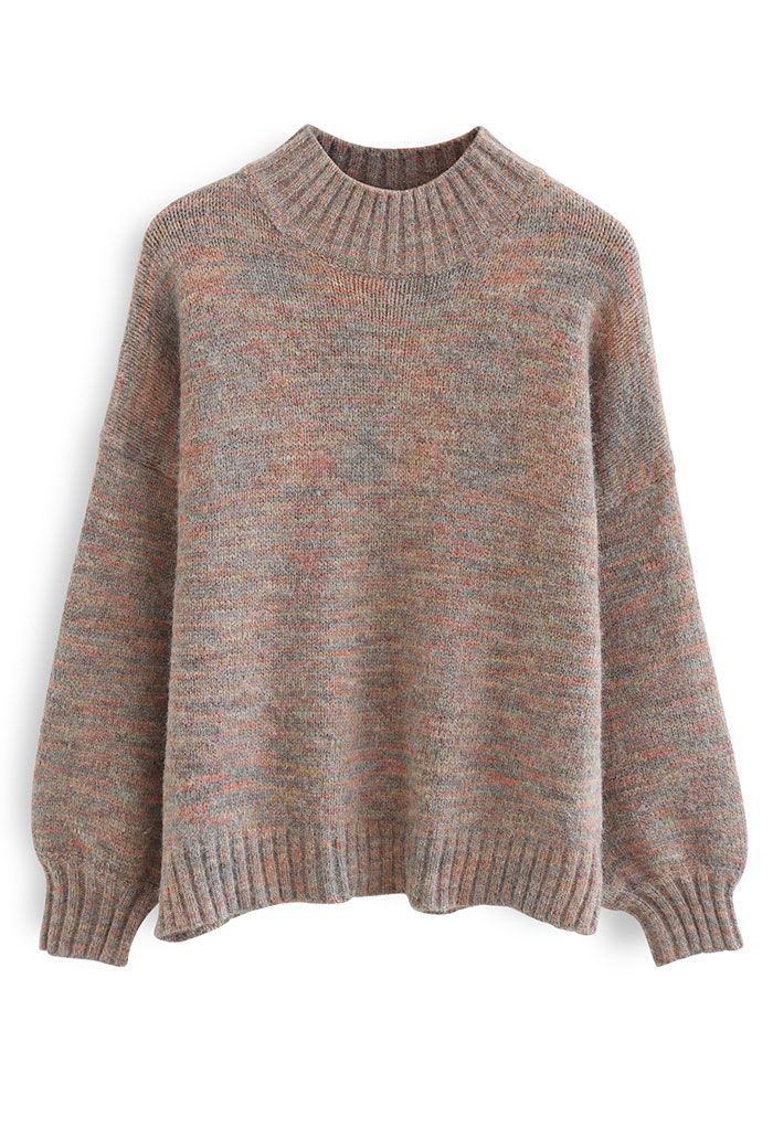 High Neck Colored Fuzzy Knit Sweater