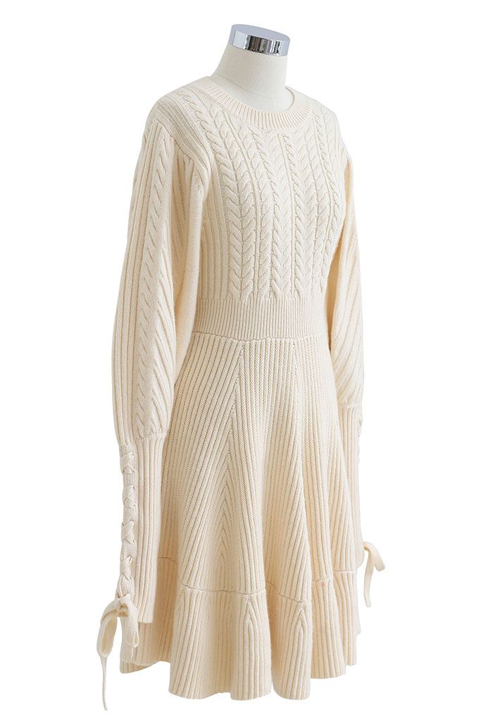 Lace Up Sleeves Braid Knit Dress in Cream