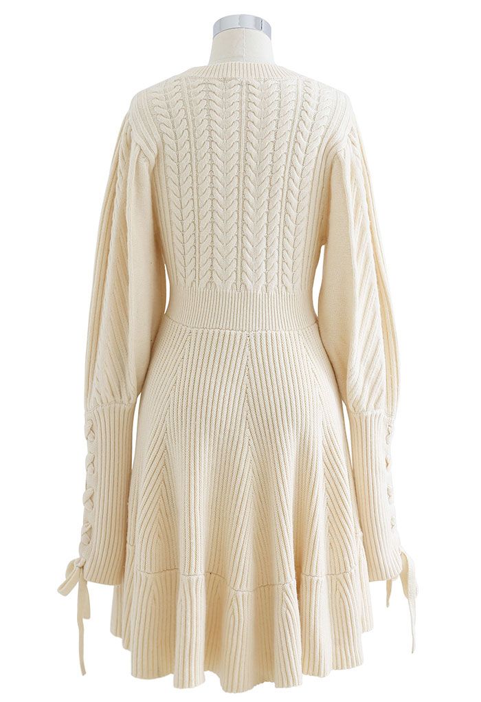 Lace Up Sleeves Braid Knit Dress in Cream