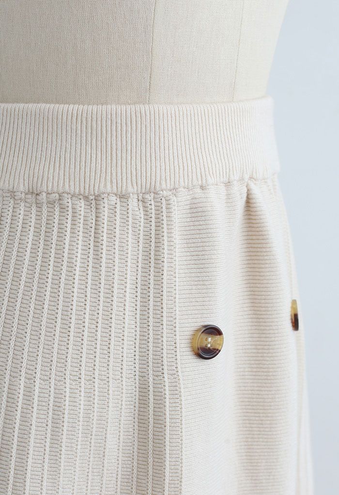 Button Front A-Line Knit Midi Skirt in Ivory