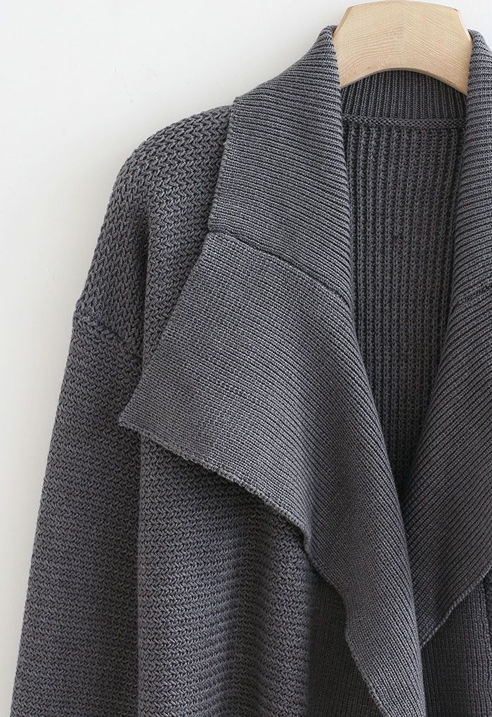 Grey Wide Lapel Open Front Chunky Knit Cardigan