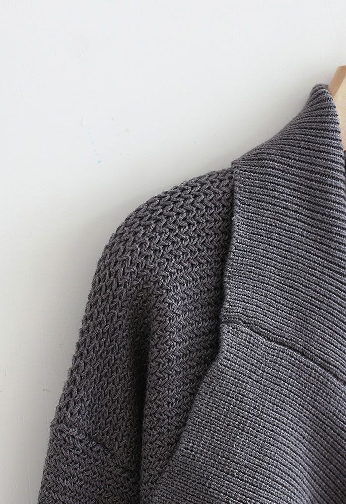 Grey Wide Lapel Open Front Chunky Knit Cardigan