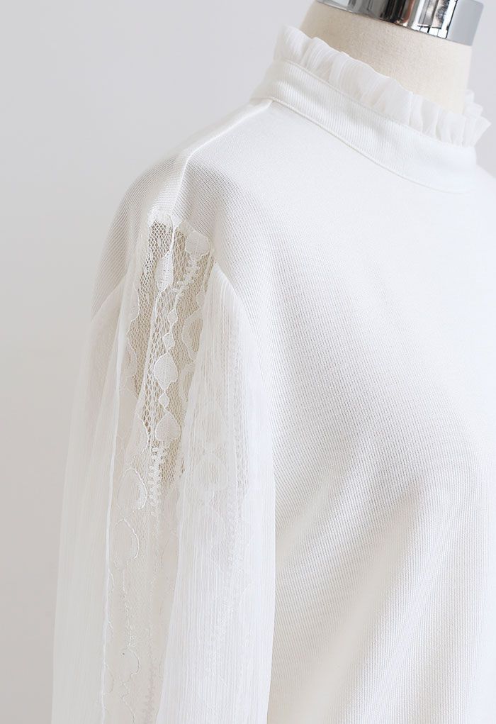 Ruffle High Neck Slit Lace Sleeves Knit Top