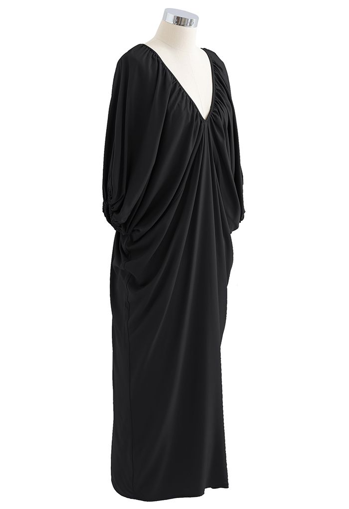 Dolman Sleeve Plunge Neck Midi Dress in Black - Retro, Indie and Unique ...
