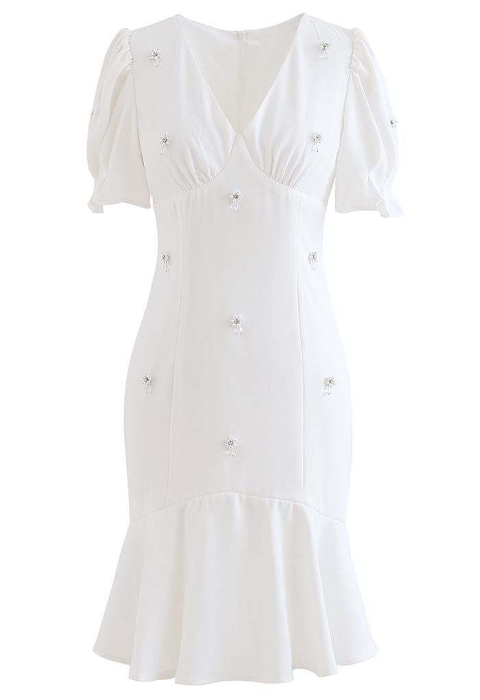 Crystal Embellished Frilling Dress in White