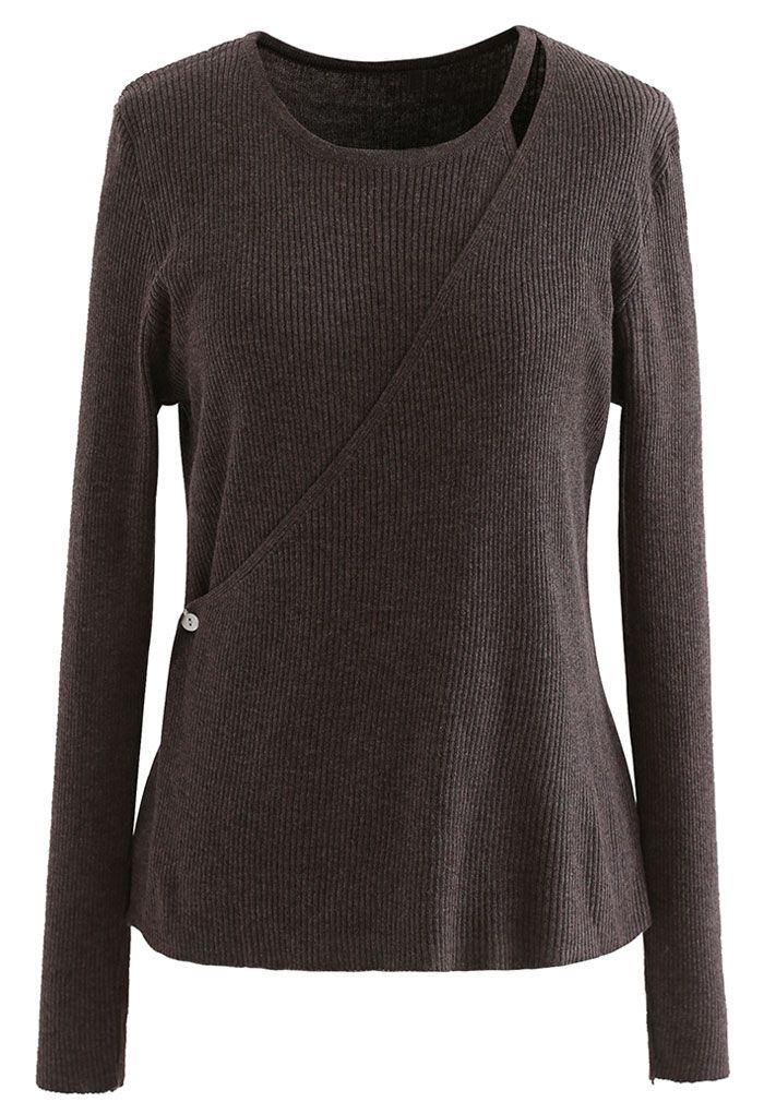 Button Wrapped Knit Top in Brown