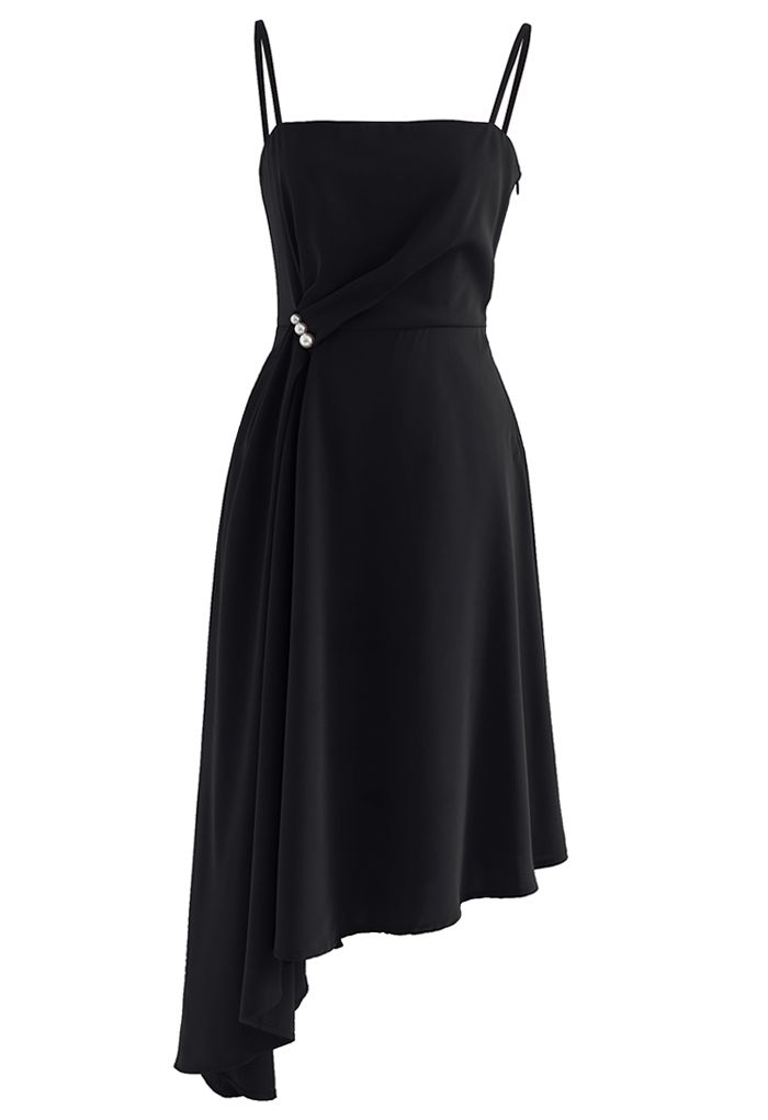 Pearl Trim Ruched Draped Asymmetric Cami Dress in Black - Retro, Indie ...