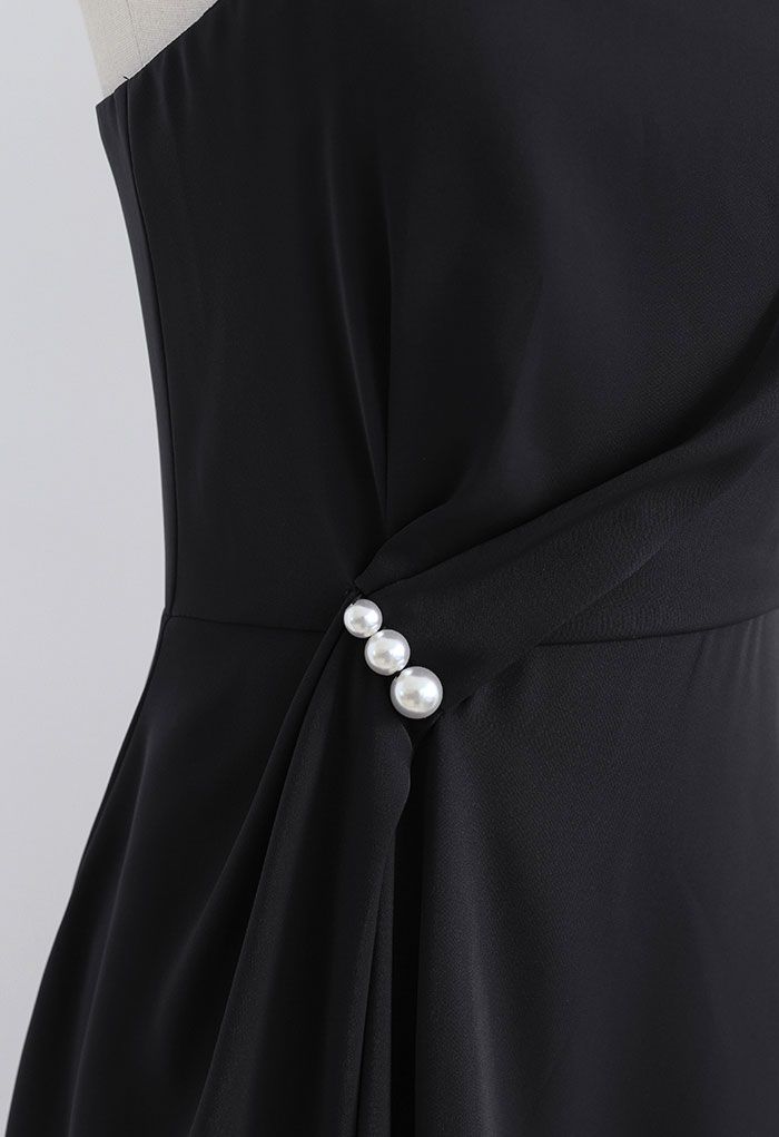 Pearl Trim Ruched Draped Asymmetric Cami Dress in Black