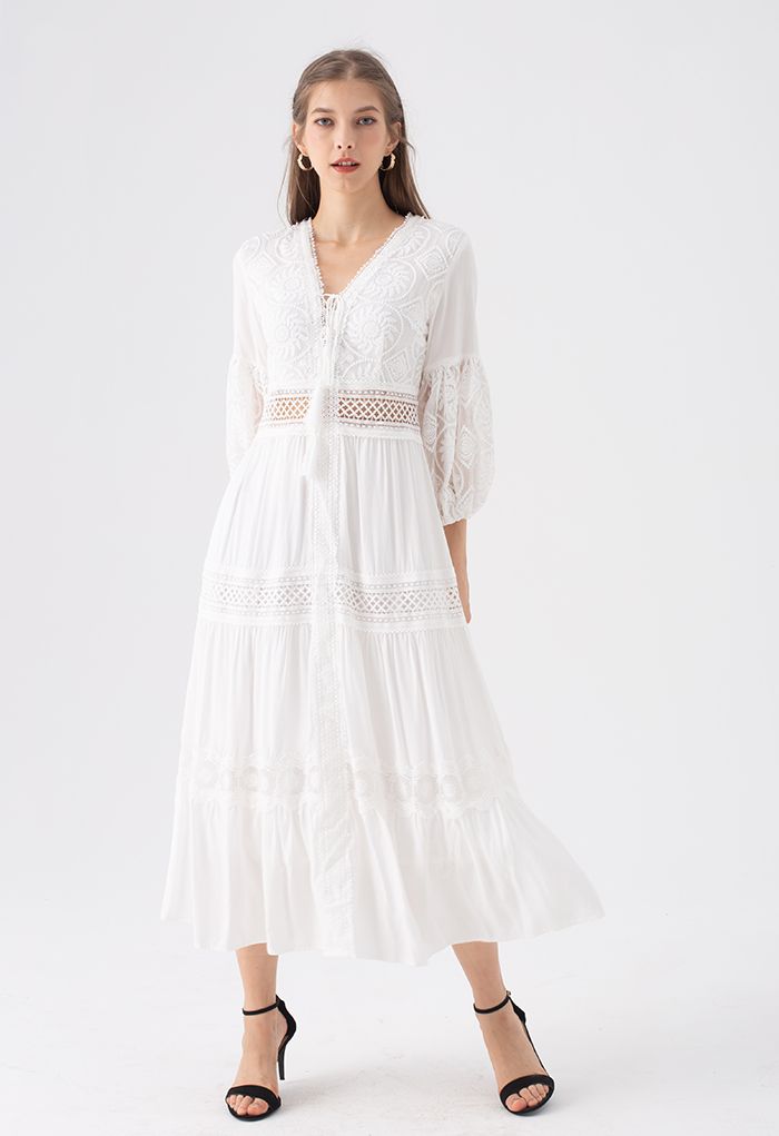Sunflower Embroidered Lace-Up Front White Maxi Dress