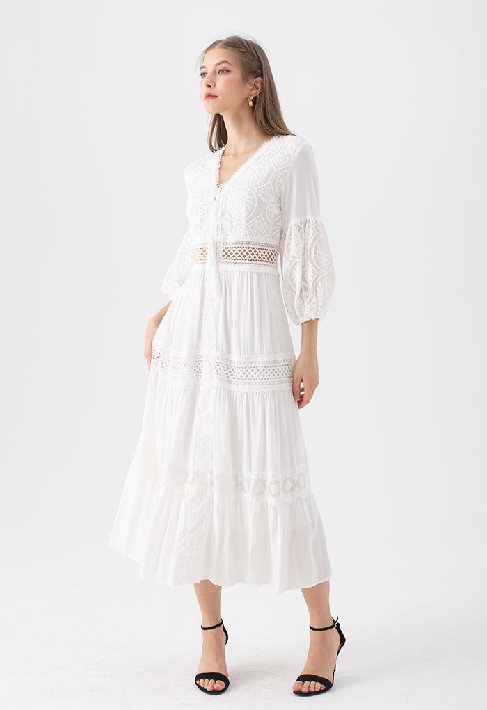 Sunflower Embroidered Lace-Up Front White Maxi Dress