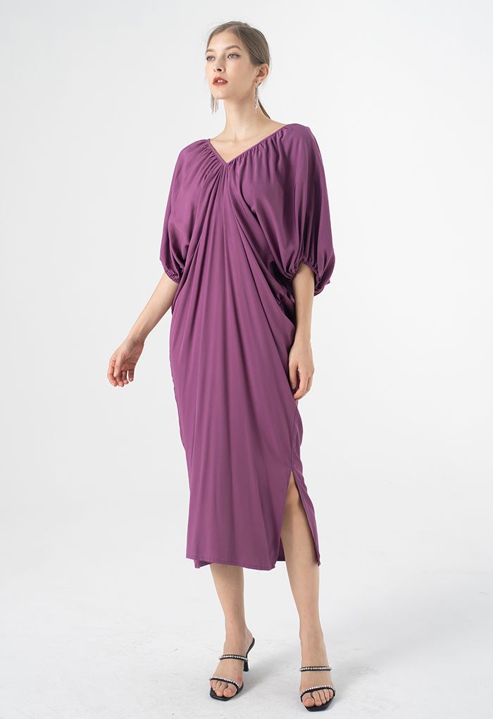 Dolman Sleeve Plunge Neck Midi Dress in Violet