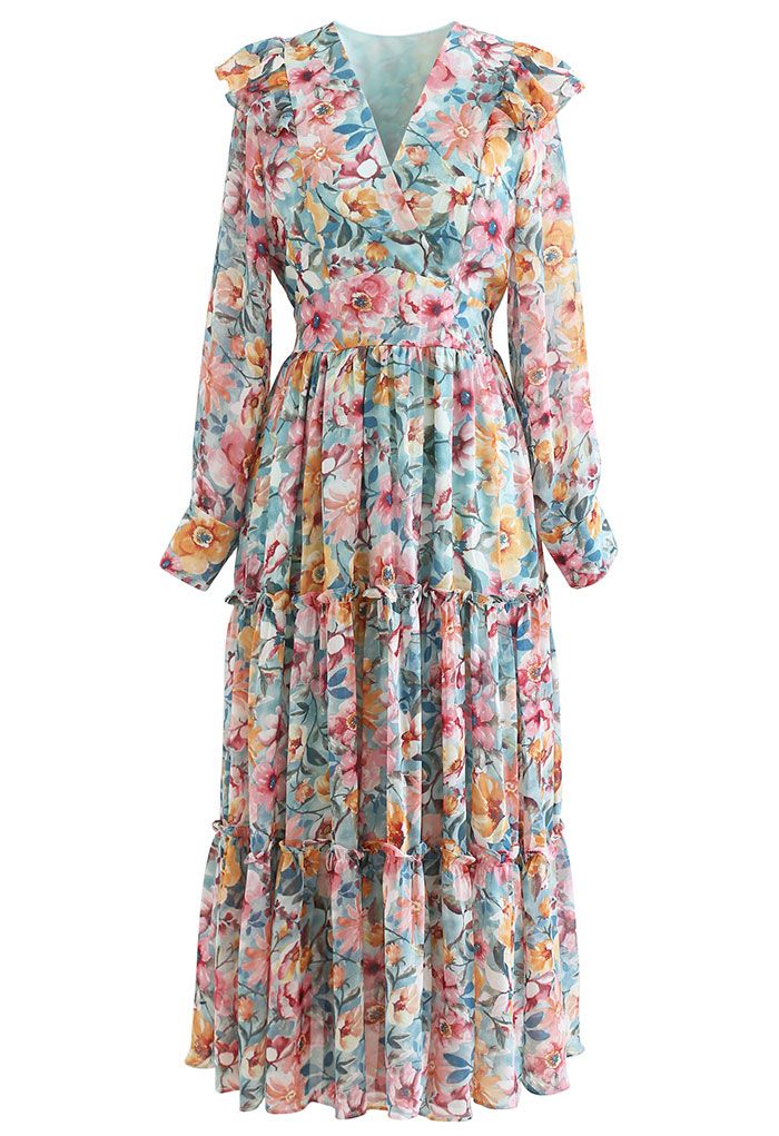 Colorful Floral Ruffle Chiffon Dress 
