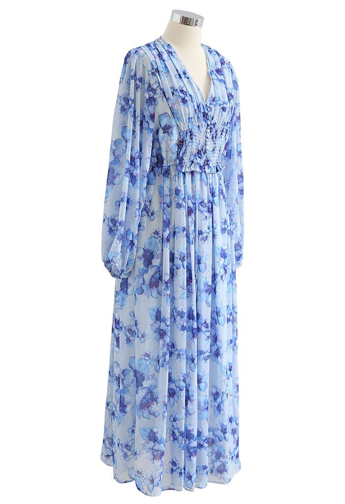 Delicate Floral Shirred Maxi Dress in Blue