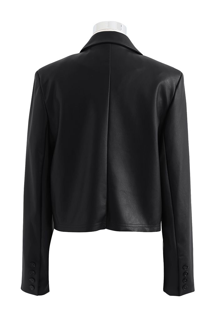 Faux Leather Pad Shoulder Crop Blazer in Black - Retro, Indie and ...