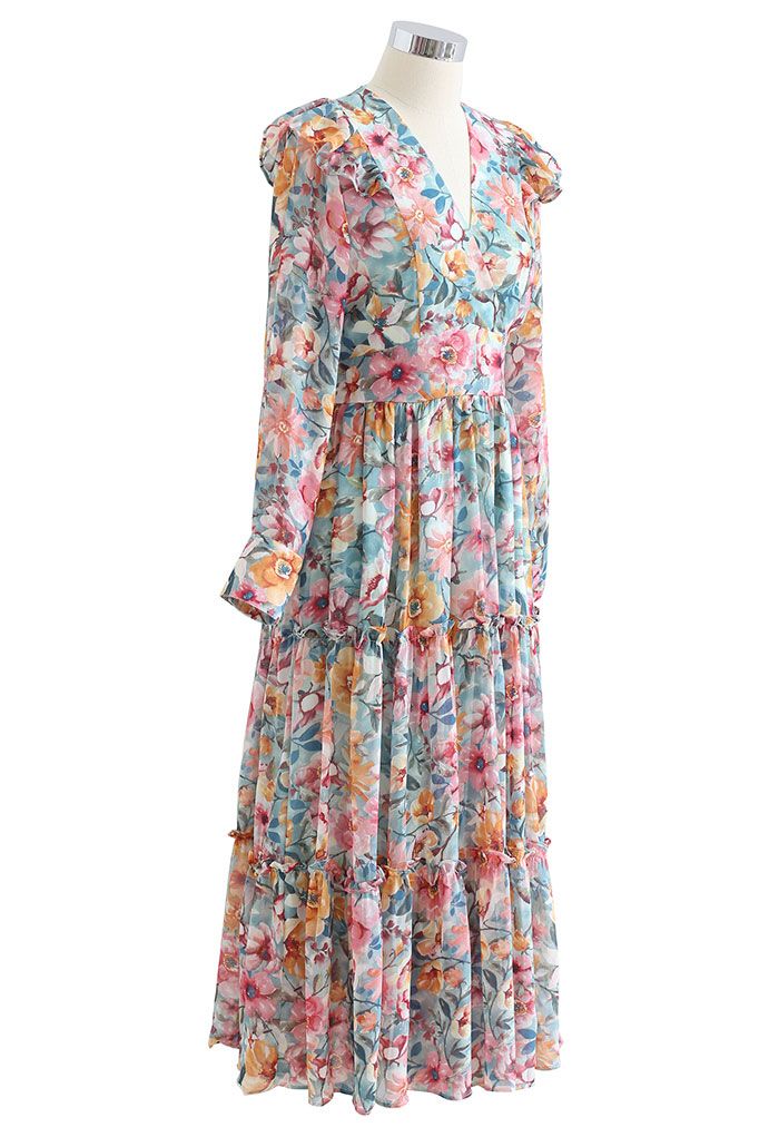 Colorful Floral Ruffle Chiffon Dress 