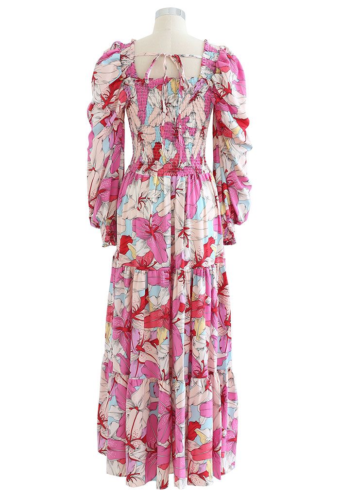 Lily Print Bubble Sleeve Maxi Dress in Pink