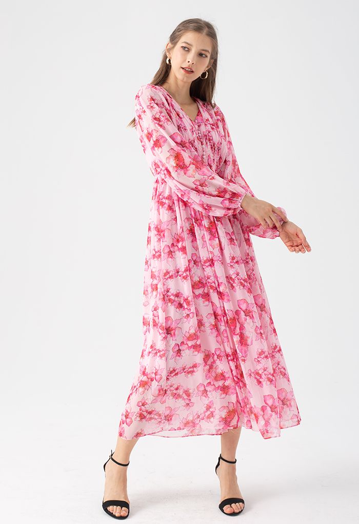 Delicate Floral Shirred Maxi Dress in Hot Pink