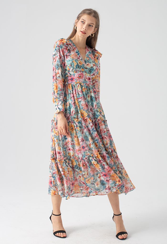 Colorful Floral Ruffle Chiffon Dress - Retro, Indie and Unique Fashion