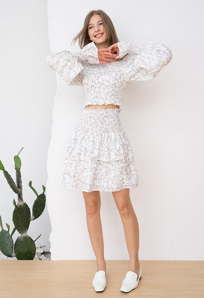 Pinky Floret Off-Shoulder Top and Layered Mini Skirt Set