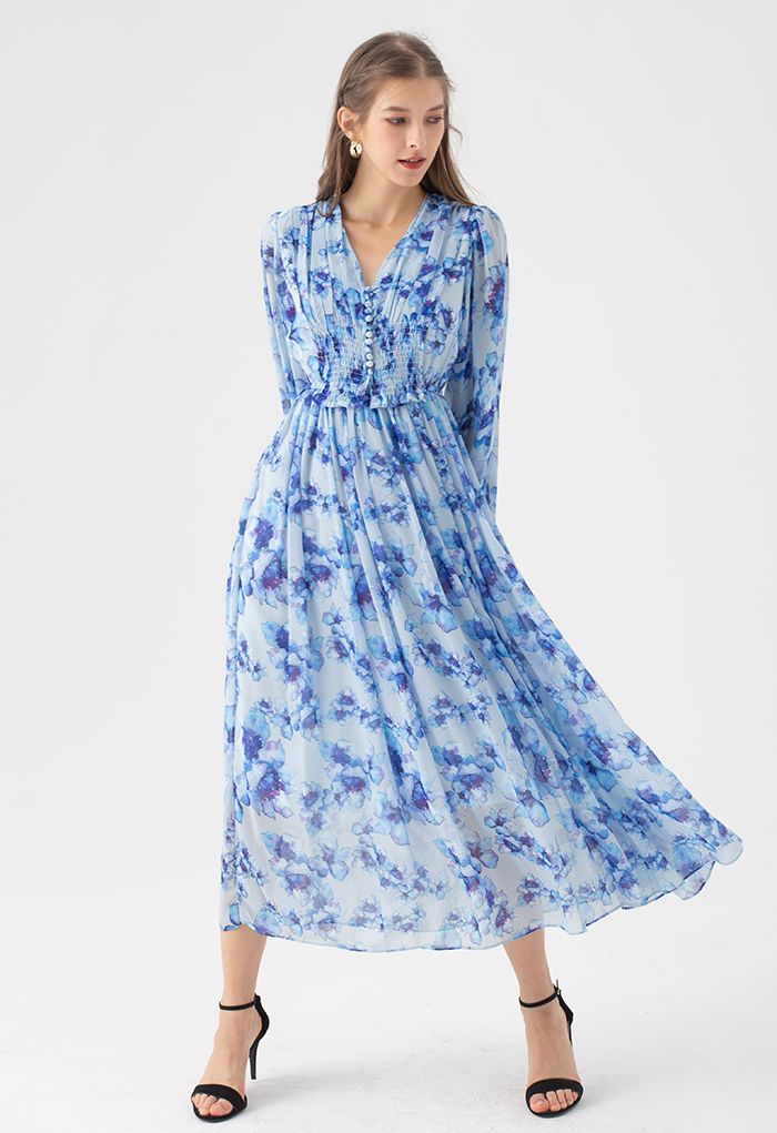 Delicate Floral Shirred Maxi Dress in Blue