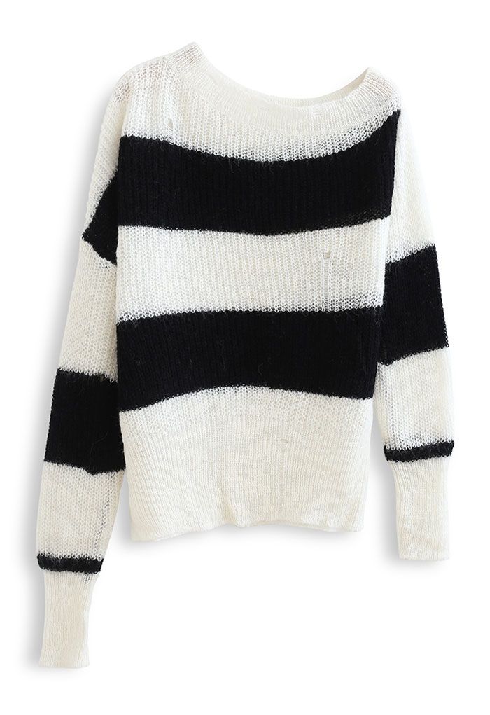 Oblique Shoulder Oversize Striped Sweater in White