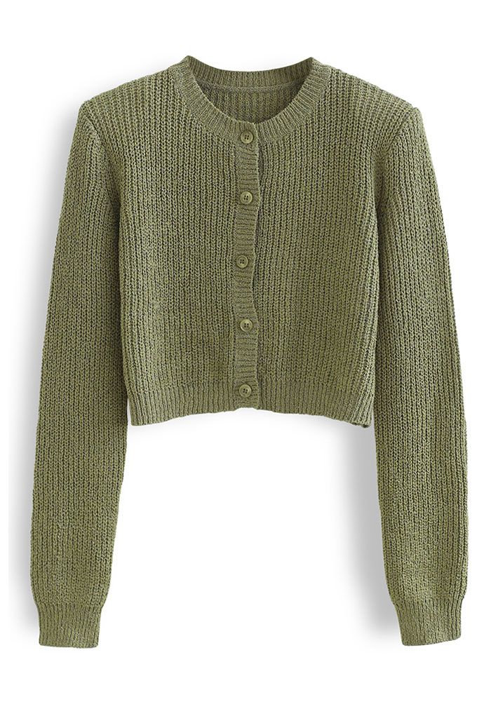 Padded Shoulder Button Down Crop Knit Cardigan in Moss Green