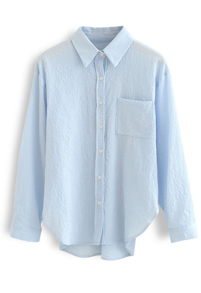 Embossed Button Down Hi-Lo Shirt in Blue