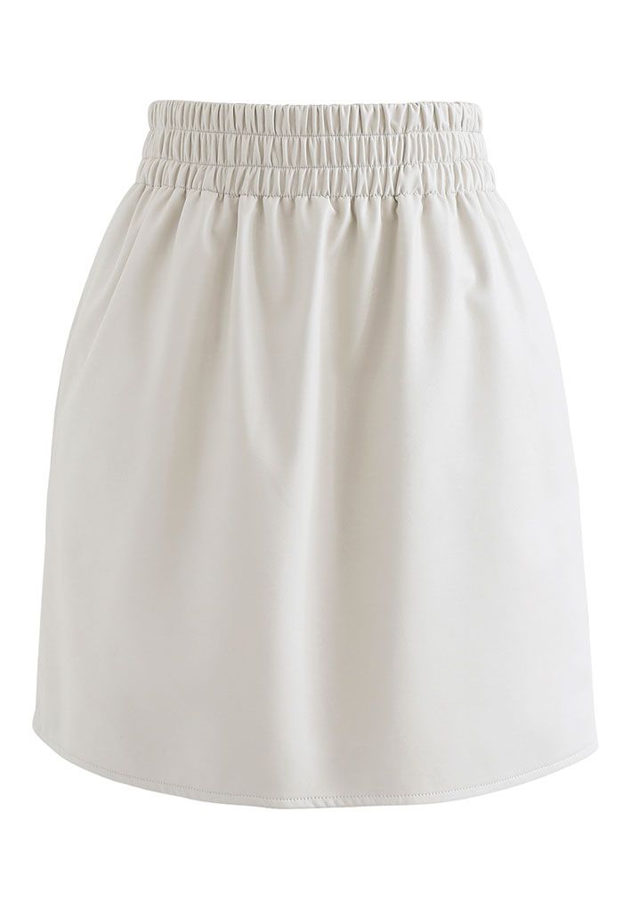 Side and Back Pocket Faux Leather Bud Skirt in Ivory