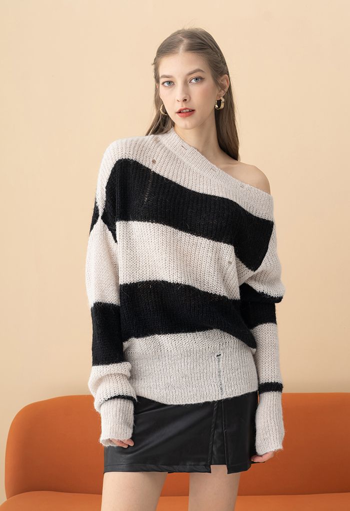 Oblique Shoulder Oversize Striped Sweater in Light Tan