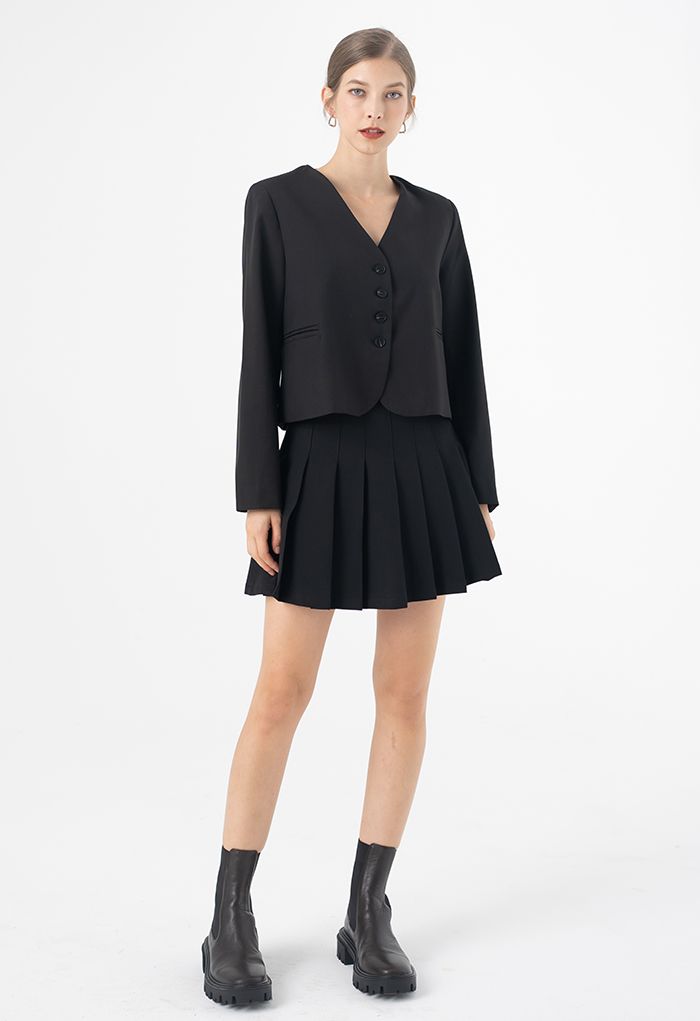 High Waist Pleated Mini Skirt in Black