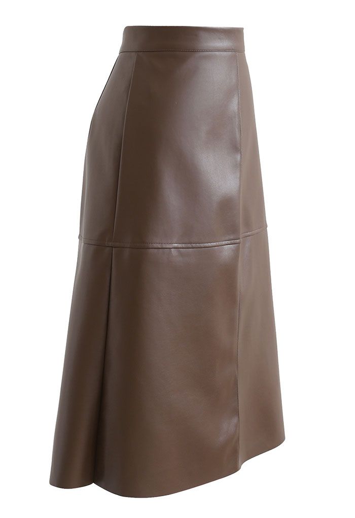 Raw-Cut Hem Faux Leather Pencil Skirt in Brown