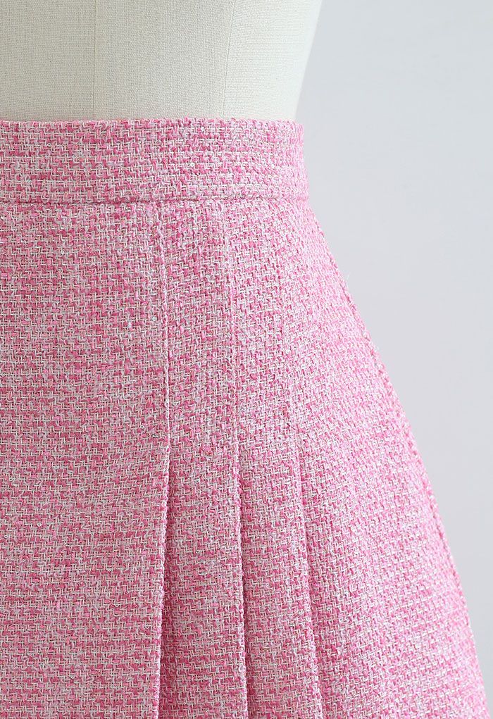 Shimmer Metallic Pleated Tweed Mini Skirt in Hot Pink