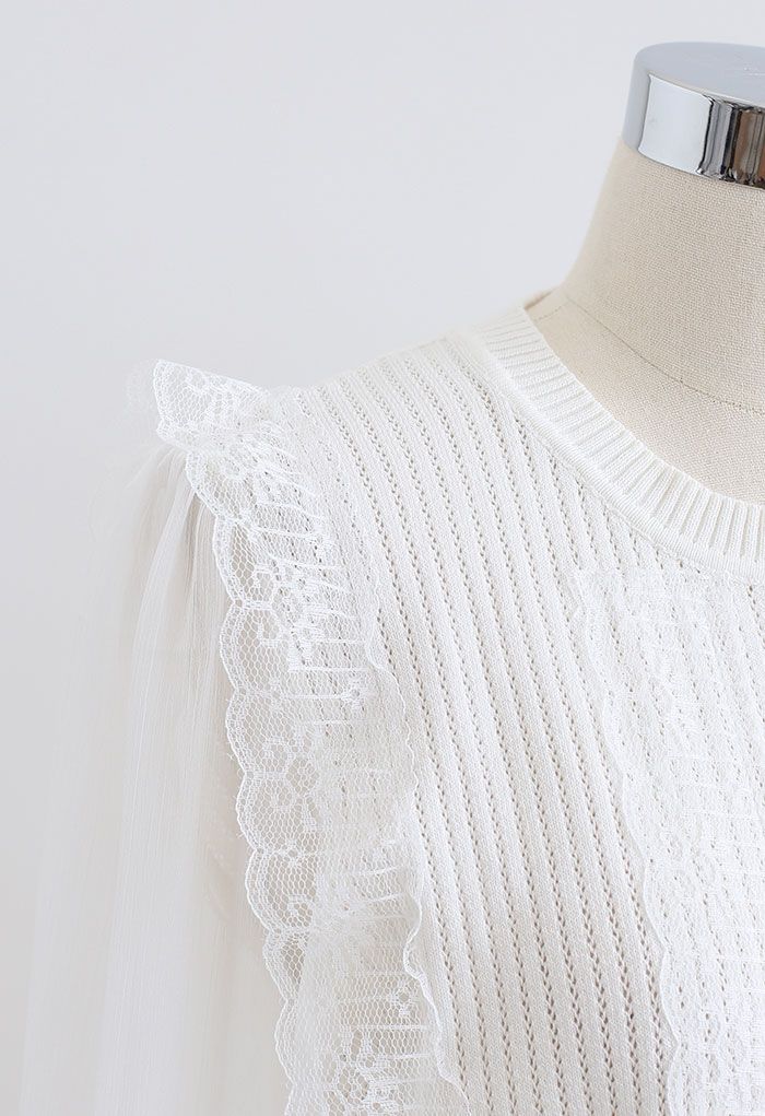 Spliced Mesh Sleeve Knit Top in White - Retro, Indie and Unique Fashion