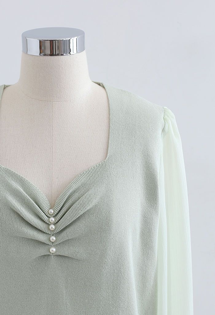 Sweetheart Neck Pearly Spliced Knit Top in Mint - Retro, Indie and ...