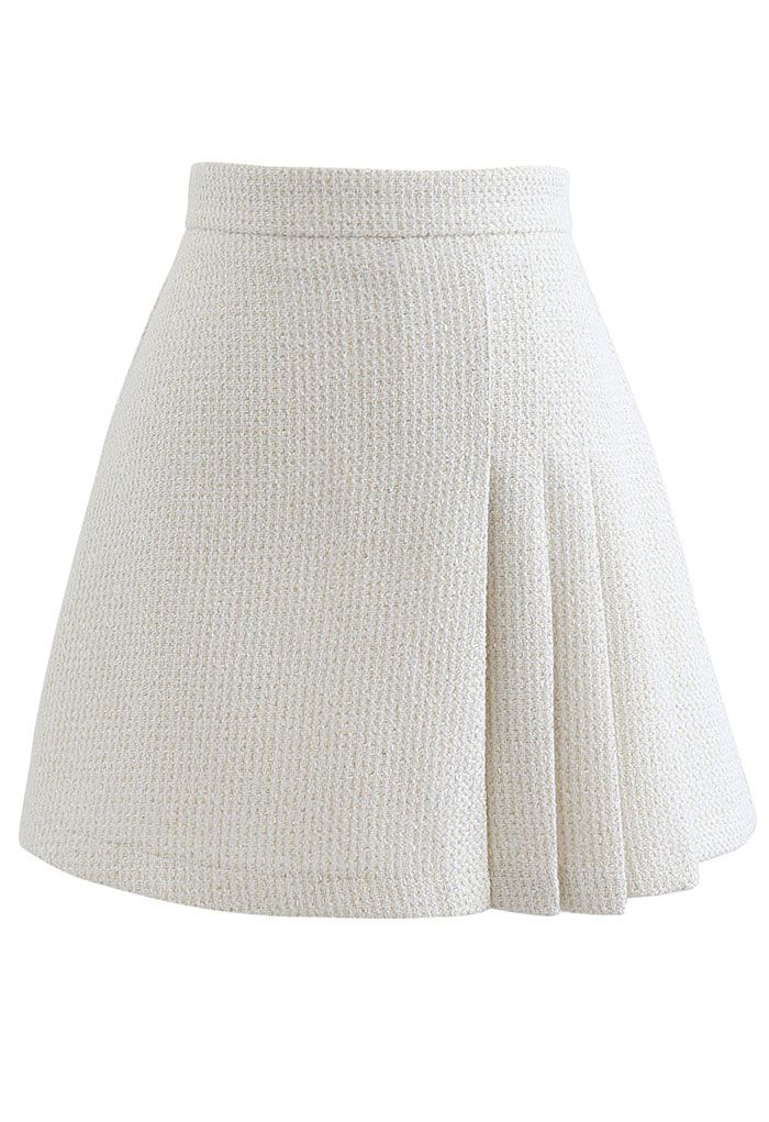 Shimmer Metallic Pleated Tweed Mini Skirt in Cream