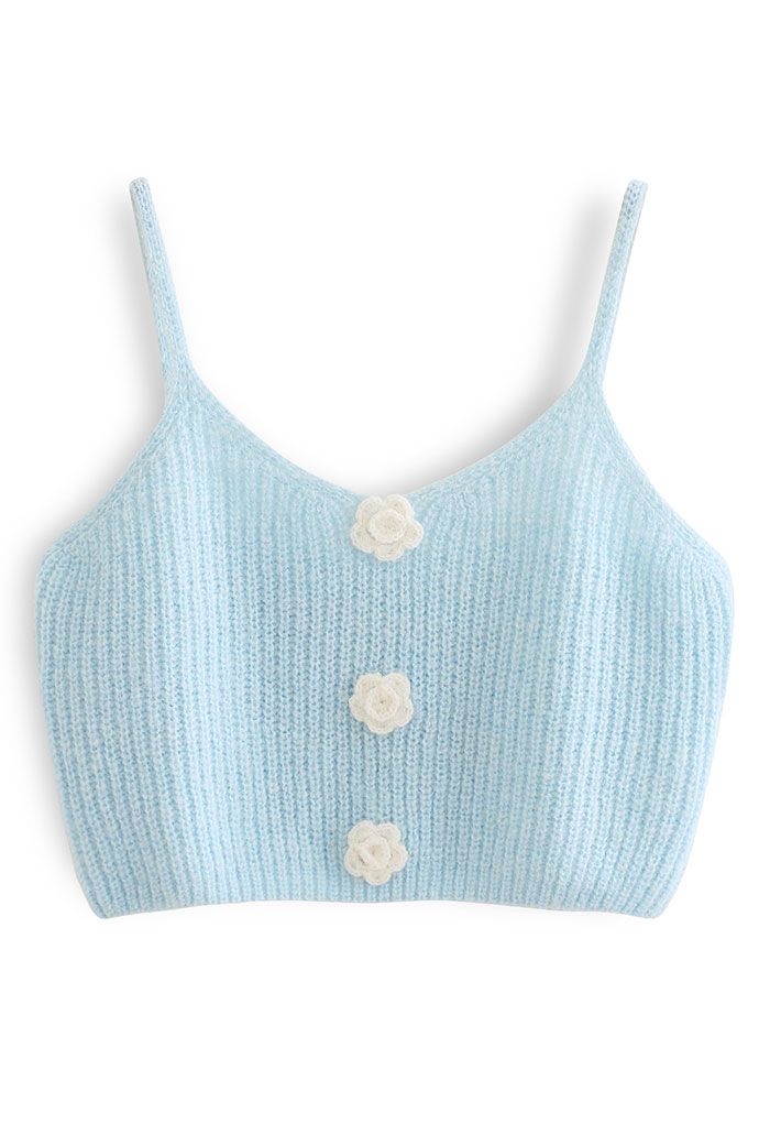 Stitched Flower Knit Cami Top and Cardigan Set in Baby Blue