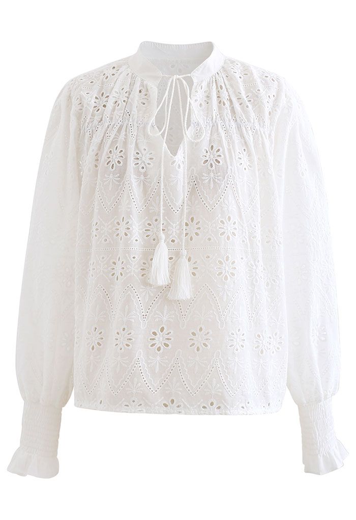 Zigzag Eyelet Floral Embroidered Tassel V-Neck Top - Retro, Indie and ...