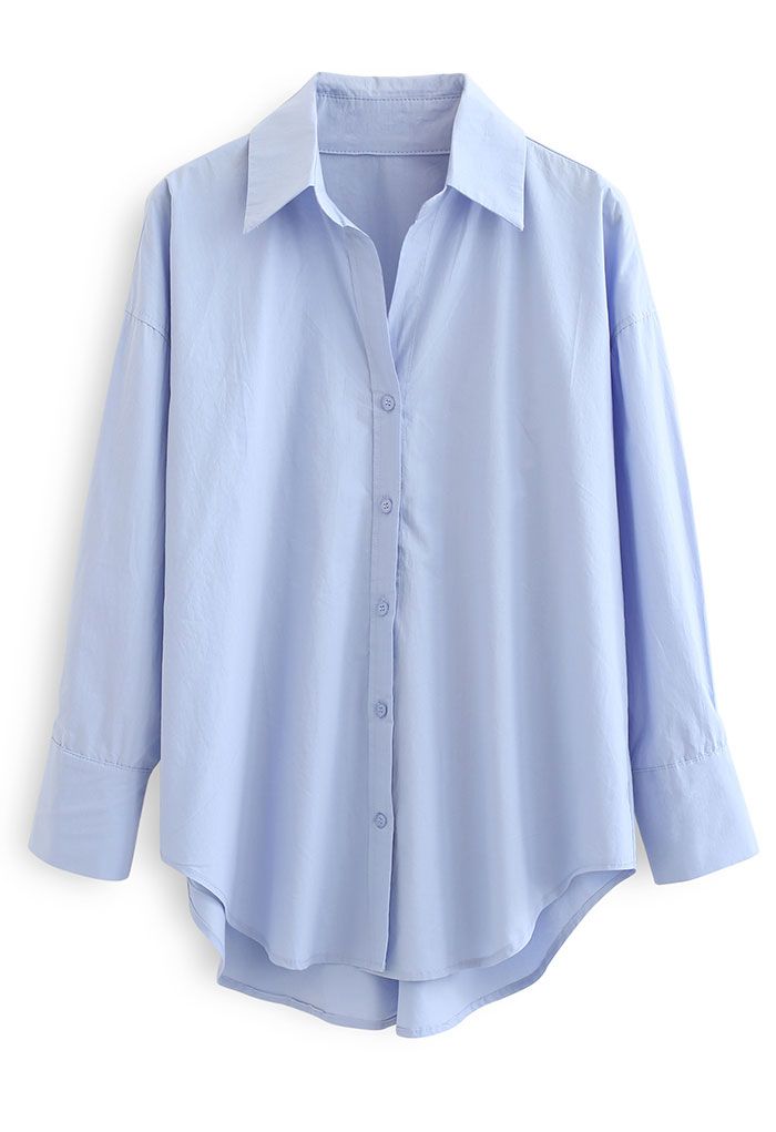 Oversized Button Down Hi-Lo Shirt in Blue
