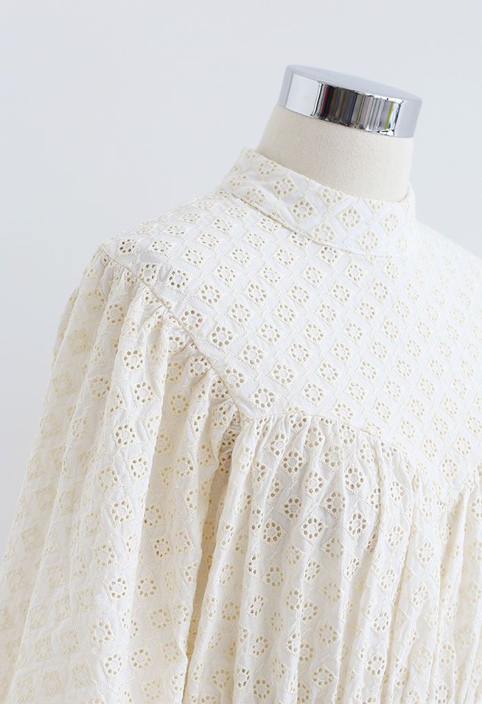 Diamond Embroidered Drawstring Waist Mini Dress in Cream - Retro, Indie ...