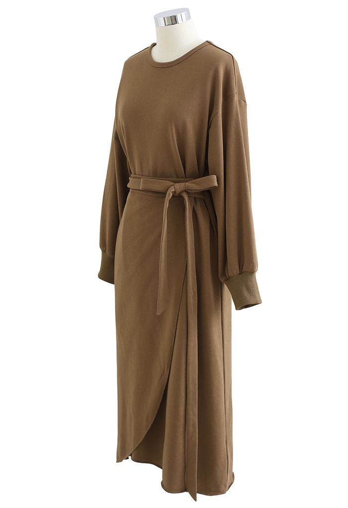Self-Tie Flap Front Midi Dress in Brown