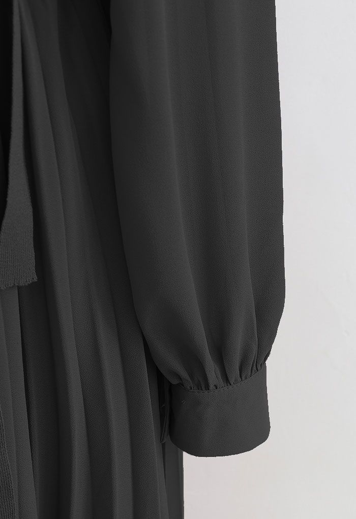Knit Spliced Self-Tie Pleated Wrap Midi Dress in Black - Retro, Indie ...