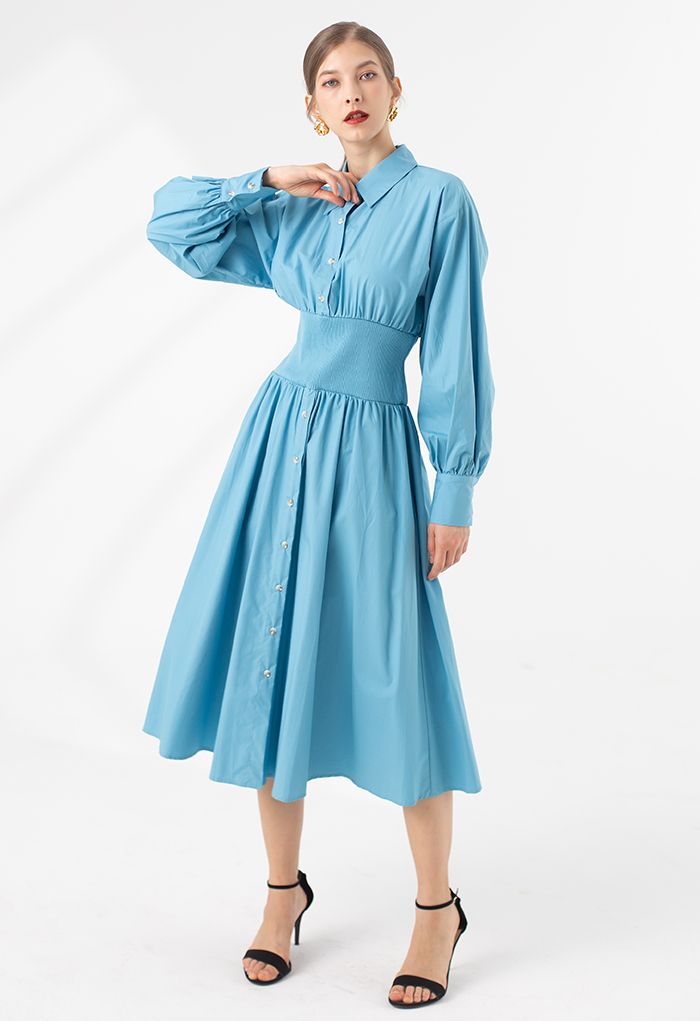 Button Down Cotton Shirt Dress in Blue - Retro, Indie and Unique Fashion