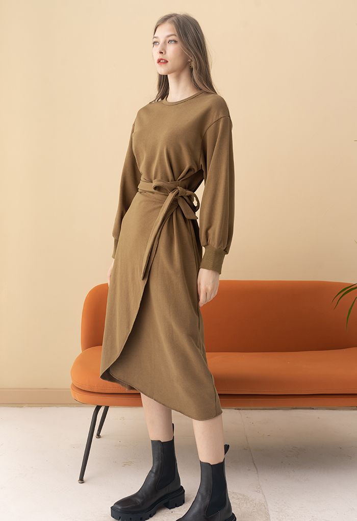 Self-Tie Flap Front Midi Dress in Brown