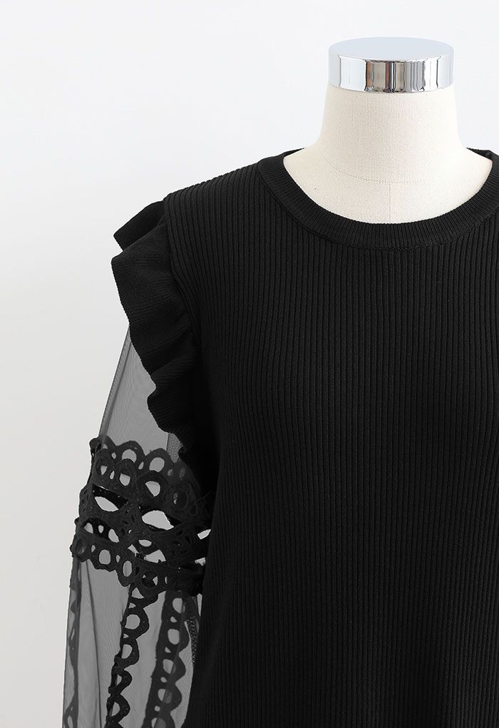 Lace-Adorned Mesh Sleeve Knit Top in Black