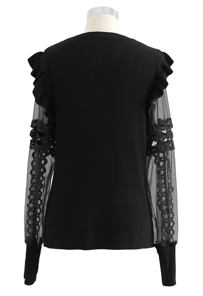 Lace-Adorned Mesh Sleeve Knit Top in Black - Retro, Indie and Unique ...