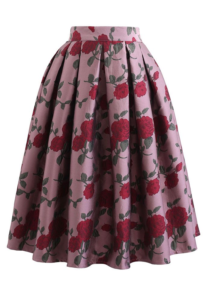Red Rose Jacquard Pleated Midi Skirt in Dusty Pink - Retro, Indie and ...