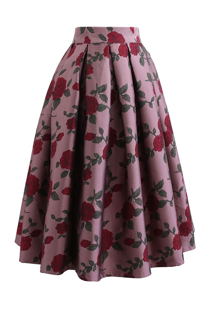 Red Rose Jacquard Pleated Midi Skirt in Dusty Pink - Retro, Indie and ...