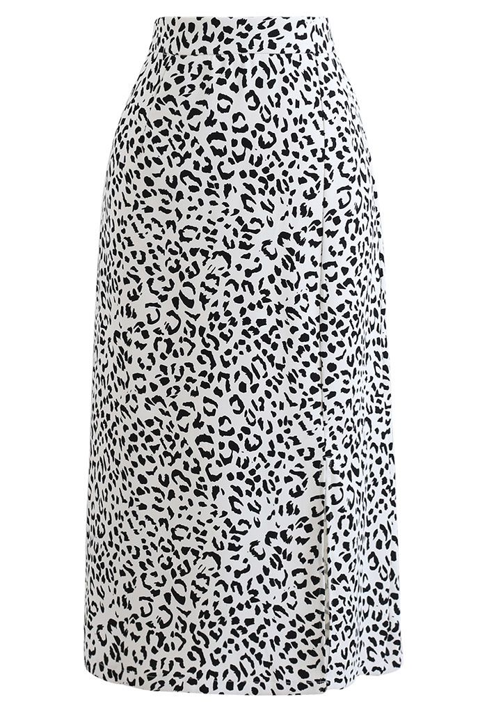 Front Slit Animal Print Midi Skirt in White