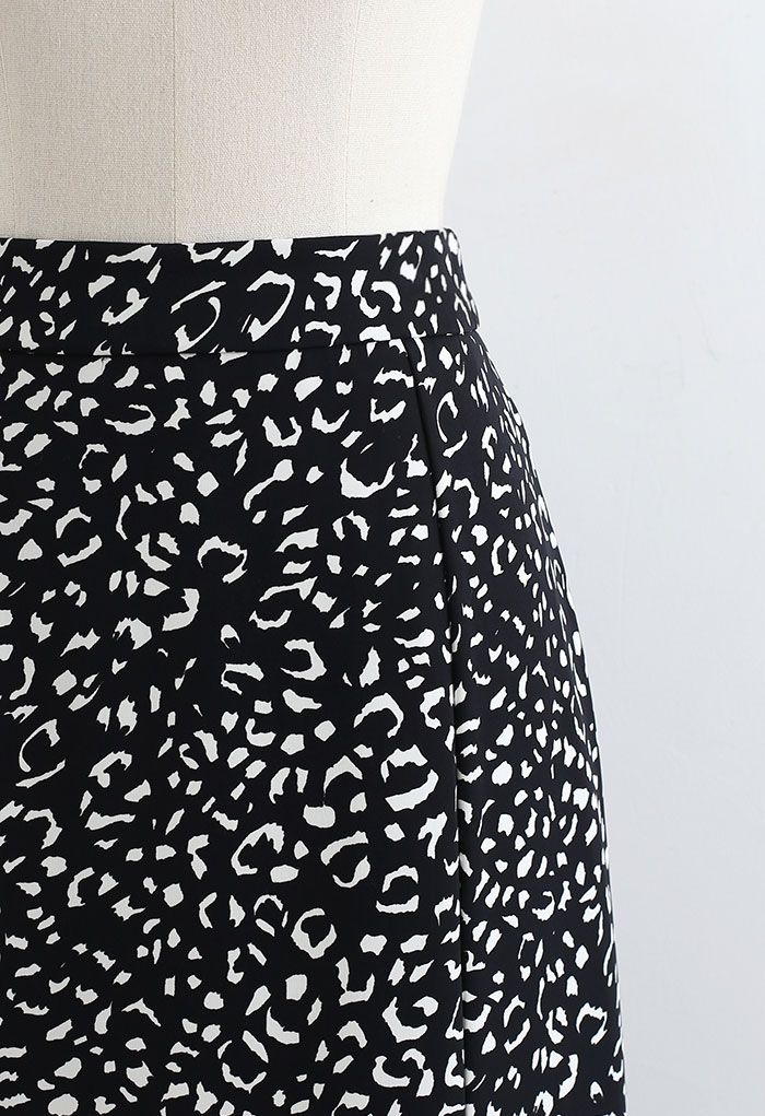 Front Slit Animal Print Midi Skirt in Black