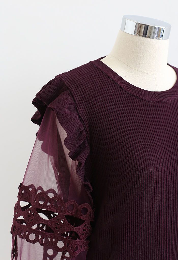 Lace-Adorned Mesh Sleeve Knit Top in Wine